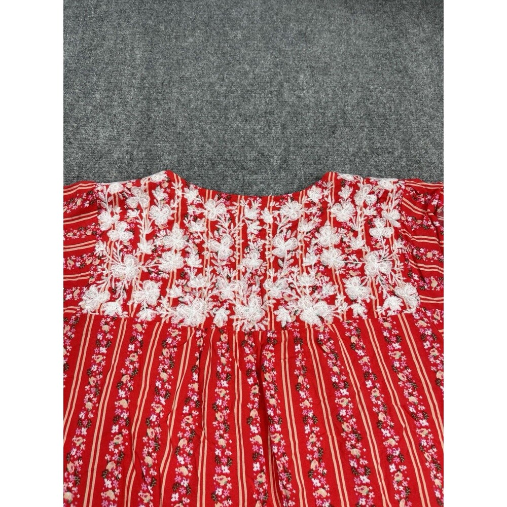 Savannah Jane Top Size Large Red Embroidered Floral Striped Flutter Sleeve - Picture 4 of 8